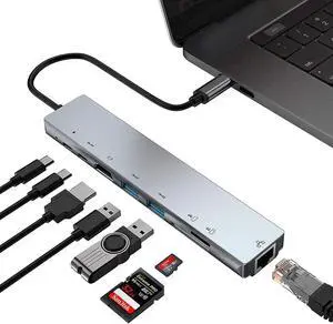 WISDUM  8 in 1 USB C Hub Multiport Type C To 87W PD Fast Charge USB-C 4K 30Hz HDMI Adapter RJ45 Fast Ethernet TF SD USB 3.0 Cable Hub for Windows Macbook Computer Laptop