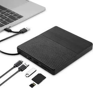 External CD DVD Drive, USB 3.0 & Type-C CD-RW DVD-R Combo DVD Burner with SD/TF Slot, 2x USB 2.0 Port CD/DVD Drive for PC Laptop Computer Mac Windows 10/8/7