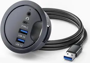 Desk Grommet USB 3.0 Hub with 2x Type-A (USB 3.0), 1x Type-C Port, 1x 3.5mm Audio Jack, 4.9Ft Long Cord for Diameter 60mm Hole, Desktop Cable Organizer, Home Office PC Accessories
