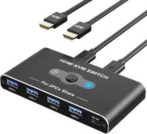2 Port HDMI KVM Switch 4K@60Hz, KVM Switches with 4 USB 3.0 Data Ports, HDMI KVM Switch 2 PC 1 Monitor Share Mouse, Keyboard, Printer, Include 2 HD-MI cables, 2 USB-A cable, 1 USB-C Cable