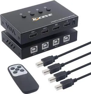 WISDUM  USB Switch 4 Port, 4 in 4 Out USB KVM Switch, for 4 PC Share 4 USB Ports, USB Switcher Box for Mouse Keyboard Printer Scanner, With Remote control and USB Cables (battery not included)
