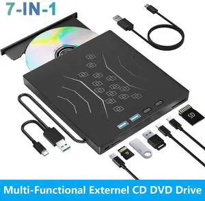 WISDUM 7 in 1 External DVD Drive, External CD/DVD Drive USB 3.0 & Type-C, Portable CD/DVD +/-RW Disk Drive, CD/DVD Burner CD ROM External Drive for Laptop Desktop PC Windows 7/8/10/XP Linux Mac OS
