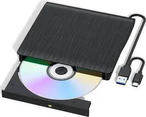 WISDUM External CD/DVD Drive for Laptop, USB 3.0 & Type-C External CD DVD Burner, Portable DVD Player for Laptop, Slim External Optical Drive Compatible with Windows 11/10/8/7/XP, Mac, Linux OS