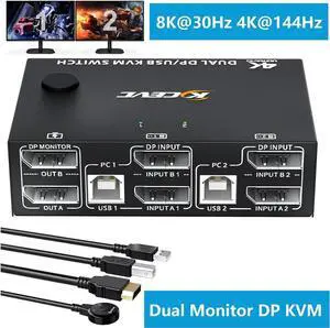 WISDUM Dual Monitor KVM Switch, USB Displayport KVM Switch 2 Monitors 2 Computers 8K@30Hz 4K@144Hz, 2 in 2 Out DP KVM Switch with 4 USB Ports for USB Devices, Wired Remote and USB Cables Included