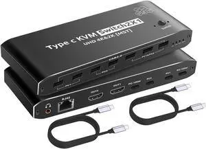 WISDUM HDMI KVM Switch, 2x1 Type C KVM Switch with 7 USB-A Ports RJ45 Port PD 100W Ports, Extended Display KVM Switch Supports 4K@60Hz for 1 Monitors 2 Computers, with 2 Thunderbolt USB-C 40Gbps Cable
