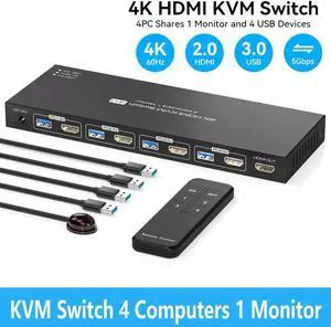 WISDUM 4 Port HDMI KVM Switch for 1 Monitors 4 Computers 4K@60Hz, HDMI USB 3.0 KVM Switches, KVM Switch HDMI 4 in 1 Out for 4 PCs Sharing 1 Monitor and 4 USB 3.0 Devices with IR Remote Control