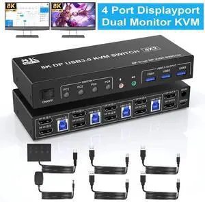 WISDUM 8K@60Hz USB 3.0 Displayport KVM Switch for 2 Monitors 4 Computers, Dual Monitor DP KVM Switch with Audio Output and 3 USB 3.0 Ports, 4 Port Dual Monitor Displayport KVM Switch for 4 Computers