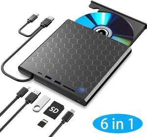 6-in-1 External CD/DVD Drive for Laptop, DVD Player for Laptop, CD Reader with 2 USB A, 1 USB C & SD/TF Card Reader, External CD/DVD Optical Drive Compatible with Windows 11/10/8/7/Linux, MacOS
