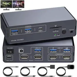 KVM Switch Docking Station USB C HDMI KVM Switch for 1 Laptop 1 Computer 2 Monitor HDMI 4K60Hz, EDID, Dual Monitor HDMI KVM Switcher for Laptop and PC Share 2 Monitors, 13-in-1 Dock