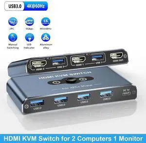 WISDUM  HDMI KVM Switch, 2 Port HDMI KVM Switch 1 Monitors 2 Computers, HDMI Switch, 4K@60Hz KVM Switches for 2 Computers Sharing 1 Monitor, 4 USB 3.0 Devices Such as Keyboard, Mouse, Printer, Scanner