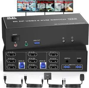 WISDUM  Triple Monitors Displayport KVM Switch 8K@60Hz 4K@144Hz, DP 1.4 USB 3.0 KVM Switch 2 PC Share 3 Monitors, Displayport KVM Switches 2 in 3 Out with Audio Microphone Output and 3 USB 3.0 Ports