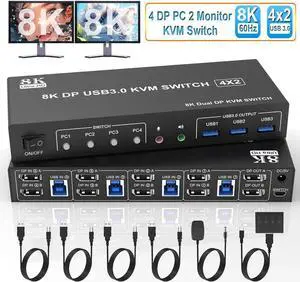 WISDUM 8K@60Hz Displayport USB 3.0 KVM Switch 2 Monitors 4 Computers, DP1.4 KVM Switch Dual Monitor with Audio Microphone Output and 3 USB 3.0 Ports, 4 Port Displayport KVM Switch for 4 PCs 2 Monitors