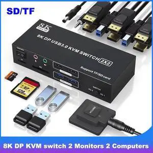 WISDUM 8K@60Hz Displayport KVM Switch 2 Monitors 2 Computers, 4K@120Hz USB 3.0 DP KVM Switch with Audio Microphone Output and 4 USB Ports, SD/TF Slots, Dual Monitor DP KVM Support Extended & Copy Mode