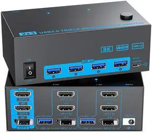 KVM Switch 2 PC 3 Monitors, 2 HDMI + Display Port Triple Monitors KVM Switches 4K@144Hz 8K@60Hz, USB 3.0 KVM Switches for 2 PC Share Mouse, Keyboard 4 USB Devices and 3 Monitors, Wired Remote