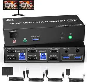 WISDUM 8K@60Hz USB 3.0 Displayport KVM Switch 2 Monitors 2 Computers, DP 1.4 Dual Monitor KVM Switch with Audio Microphone Output and 3 USB 3.0 Ports, Wired Remote and 2 USB Cables Included