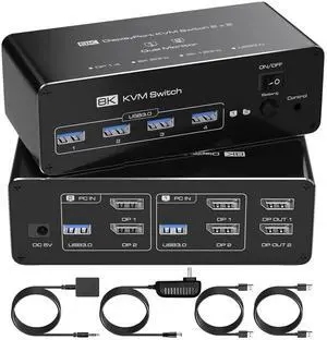 WISDUM  Dual Monitor DisplayPort KVM Switch 2 Monitors 2 Computers 8K@60Hz 4K@144Hz, DP KVM Switches for 2 PCs Share 2 Monitors, 4 USB 3.0 Ports, Supports Extended/Copy Mode with Remote & USB Cables