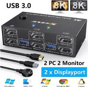 WISDUM Displayport KVM Switch 2 Monitors 2 Computers 8K@30Hz 4K@144Hz, USB 3.0 Dual Monitor KVM Switches Displayport 1.4 2 in 2 Out with 4 USB 3.0 Port for USB Device,Wired Remote and 4 Cable Included