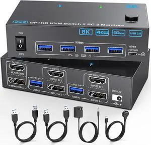 WISDUM HDMI + Displayport KVM Switch 2 PC 2 Monitors 8K@60Hz, 4K144Hz, KVM Switch Dual Monitor for 2 Computers Share 2 Monitors and 4 USB 3.0 Devices. With USB Cables,Power Adapter &Desktop Controller