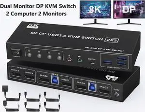 WISDUM 2 Port Displayport KVM Switch 2 Monitors 2 Computers with 3.5mm Audio Jack - 8K@60HZ 4K@144Hz Dual Monitor DP KVM Switches with 3 USB 3.0 Port Sharing Keyboard Mouse, Included Wired Remote