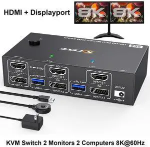 WISDUM 4K@144Hz KVM Switch 2 Monitors 2 Computers 8K@60Hz, HDMI and Displayport Dual Monitor KVM Switch with 4 USB 3.0 Port for Keyboard Mouse Printer, with Wired Remote, Power Adapter and USB Cables