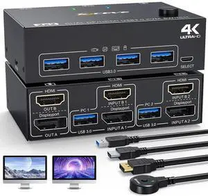 WISDUM KVM Switch 2 PC 2 Monitors 4K @ 60Hz 2K @ 120Hz, Displayport + HDMI Dual Monitors KVM Switch for 2 PCs that share 2 Monitors and 4 USB 3.0 Devices with HDMI + DP + USB Cable and Wired Remote