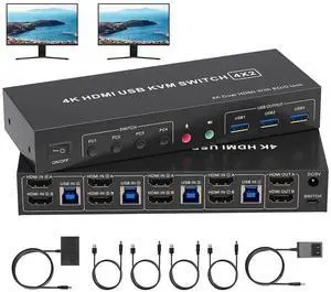 WISDUM 4 in 2 Out HDMI KVM Switch 4 Computers 2 Monitors with 3 USB 3.0 Ports, 4K@60Hz 4 Port HDMI Dual Monitor KVM Switch for 4 PCs Share 2 Monitors, Support Button Switch & Desktop Controller