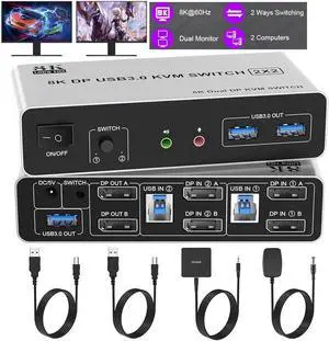 WISDUM KVM Switch 2 Monitors 2 Computers, 8K@60Hz DP 1.4 Dual Monitor Displayport USB 3.0 KVM Switch for 2 Computer Share 2 Monitors, Audio Mic Port and 3 USB3.0 Devices Support Extended and Copy Mode