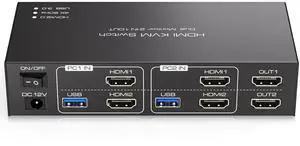 WISDUM 2x2 HDMI KVM Switch Dual Monitor 2 Computers Support 4K@60Hz, USB 3.0 KVM Switches Share Dual Monitors and 4 USB 3.0 Ports Support Extended/Copy Mode with DC 12V Adapter & Wired Controller