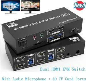 WISDUM Dual Monitor HDMI KVM Switch 2 Monitors 2 Computers, 8K@60Hz 4K@120Hz HDMI KVM Switcher 2 in 2 Out for 2 Computers Share 2 Monitors & 4 USB Devices, with Audio Microphone Output and SD TF Slots