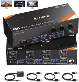 WISDUM KVM Switch 3 Monitors 3 Computers 8K@60Hz/4K@120Hz, HDMI + 2 Displayport KVM Switches for 3 PC Sharing Triple Monitors and Keyboard Mouse with Power Adapter, Wired Controller and USB3.0 Cables