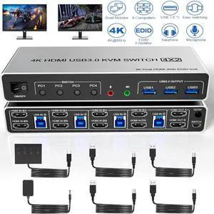 WISDUM USB 3.0 HDMI KVM Switch 2 Monitors 4 Computers, Supports EDID, 4K@60Hz Dual Monitor HDMI KVM Switch 4 in 2 Out with Audio Microphone and 3 USB 3.0 Ports, 4 Port Dual HDMI Monitor Switch for 4PC