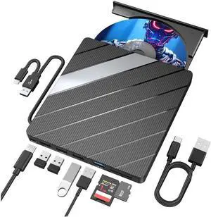 WISDUM External CD DVD Drive for Laptop, [8 in 1] USB 3.0 & Type C Portable CD DVD Rewriter Burner with 4 USB A Ports & SD/TF Card Reader, Support Faster Transfer Speed CD 8X DVD 24x for Windows MacOS