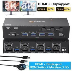 WISDUM 4K@144Hz KVM Switch 2 Monitors 3 Computers 8K@60Hz, HDMI and Displayport Dual Monitor KVM Switch with 4 USB 3.0 Port for Keyboard Mouse Printer,Wired Remote,Power Adapter and USB Cable Included