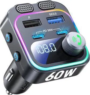 WISDUM 60W Bluetooth 5.4 FM Transmitter Car Adapter [Reinforced Dual Mics & Deep Bass] [Dual PD 60W & QC 3.0 ] Fast Charging Handsfree Calling Wireless Radio Bluetooth Transmitter for Car [Black]