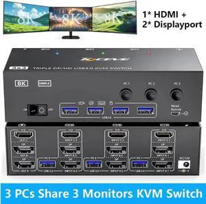 WISDUM KVM Switch 3 Monitors 3 Computers 8K@60Hz 4K@144Hz, 1 HDMI + 2 Displayport KVM Switch Triple Monitor for 3 Computer Share 3 Monitor and 4 USB 3.0 Devices,Wired Remote and Power Adapter Included