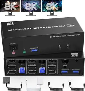 WISDUM KVM Switch 3 Monitors 2 Computers 8K@60Hz 4K@144Hz, 2 HDMI + DisplayPort USB3.0 KVM Switch Triple Monitor for 2 Computer Share 1000Mbps Ethernet, 3 USB 3.0 Ports, Audio&Microphone, Wired Remote