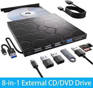 WISDUM External CD/DVD Drive, Portable DVD Player for Laptop, 8 in 1 USB 3.0 Type C CD/DVD-ROM +/-RW CD Burner with 4 USB A, 1 USB C, SD/TF Card reader, Compatible with Windows 11/10/8/7 Linux, Mac