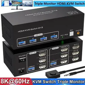 WISDUM 8K@60Hz HDMI KVM Switch 3 Monitors 2 Computers, USB 3.0 Triple Monitor KVM Switcher with 4 USB Ports for 2 PCs Support Extended&Copy Mode, Wired Controller 12V DC Adapter 2 USB Cables Included