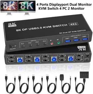 WISDUM 8K@60Hz Displayport USB 3.0 KVM Switch for 2 Monitors 4 Computer, 4 Port DP1.4 Dual Monitor KVM Switch with Audio Microphone Output and 3 USB 3.0 Ports, 8K DP Monitor Switch for 4 PCs 2 Monitor