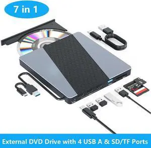 WISDUM External CD DVD Drive for Laptop, [7 in 1] Portable CD Player DVD Burner with 4 Ports USB A & SD/TF Card Reader, Support Faster Transfer Speed CD 8X DVD 24x for Windows 11/10/7 MacOS and More