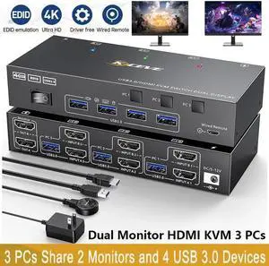 WISDUM HDMI KVM Switch 2 Monitors 3 Computers 4K@60Hz, EDID Simulation, Dual Monitor HDMI USB KVM Switch for 3 Computers Share 2 Monitor and Keyboard Mouse Printer, Wired Remote and 5 Cables Included