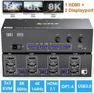 WISDUM KVM Switch 3 Monitors 3 Computers 8K@60Hz, HDMI + 2* Displayport Triple Monitor KVM Switches for 3 Computers Share 3 Monitors and 4 USB 3.0 Devices, Wired Remote and 12V power adapter Included