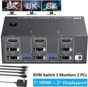 WISDUM KVM Switch 3 Monitors 2 Computers 8K@60Hz 4K@144Hz, HDMI+2 Displayport Triple Monitor KVM Switch for 2 PC Share 3 Monitor and 4 USB 3.0 Port Keyboard Mouse, with Wired Remote and Power Adapter