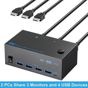 WISDUM riple Monitor HDMI + 2 Displayport KVM Switch, 8K@60Hz KVM Switches 2 Computer 3 Monitors for 2 PCs Share 3 Monitors and 4 USB Devices, with 2 USB Cables, Power Adapter, Wired Controller