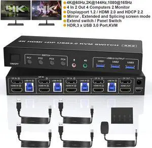WISDUM 4K@60Hz Displayport + HDMI Dual Monitor KVM Switch for 4 PCs, USB 3.0 HDMI + DP KVM Switch 2 Monitors 4 Computers, with Audio Microphone Output and 3 USB 3.0 Ports, with Wired Remote Controller