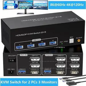 WISDUM HDMI + 2 Displayport Triple Monitor KVM Switch 8K@60Hz 3 Monitors 2 Computers, 4K@120Hz USB 3.0 DP KVM Swticher for 2 PC Share 3 Monitors and 4 USB Devices, Support Extended & Copy Mode