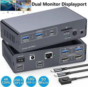 WISDUM USB 3.2 USB C Displayport KVM Switch Docking Station, 4K@120Hz, Type C + Displayport KVM Switch Dual Monitor Displayport for 1 Laptop 1 Desktop Share 2 Monitors and USB Devices, 13-in-1 Dock