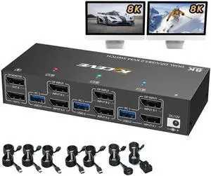 Dual Monitor Displayport KVM Switch 8K@30Hz 4K@144Hz, USB 3.0 KVM Switches 3 Computers 2 Monitors Displayport 1.4 with 4 USB 3.0 Ports for USB Devices, DP Monitor Switch for 3 PCs, with Wired Remote