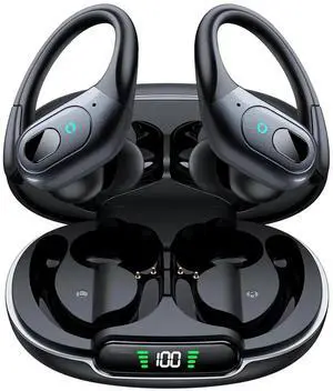 WISDUM True Wireless Earbuds, Bluetooth 5.3 Sport Wireless Headphone with LED Charging Case, 90H Playback Sweatproof Over Ear Running Ear Buds with Earhooks Workout Bluetooth Earphones for iOS Android