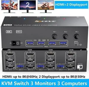 WISDUM KVM Switch 3 Monitors 3 Computers, Dual/Triple Monitor HDMI + 2 Displayport KVM Switches Support 8K@60Hz/30Hz,2K@144Hz, USB 3.0 Computer Switch for 3 PCs Share 3 Monitors, Support Extended Mode